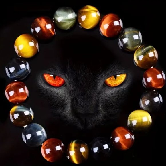 10mm Polished Natural Colorful Tiger Eye Stone Bead Stretch Bracelet - Picture 1 of 6